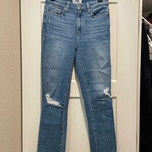 PAIGE Blue Straight Leg Jeans with Distressed Details